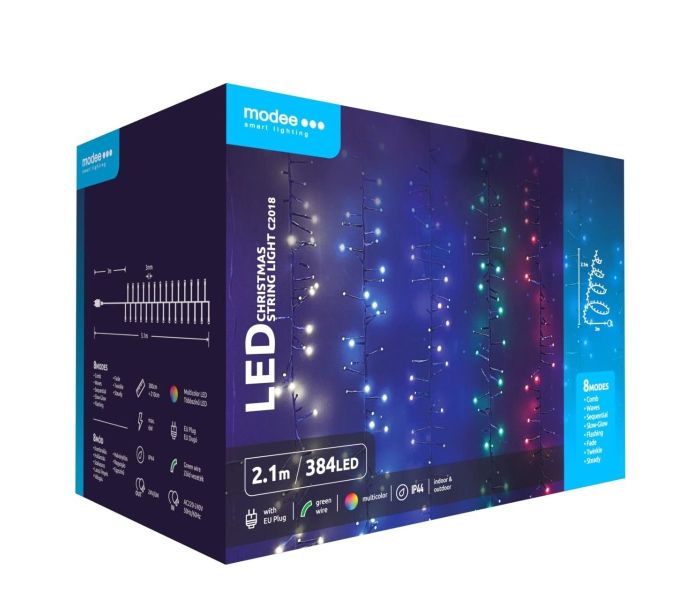 Modee | Weihnachtsbeleuchtung LED-Lichterkette | 2,1m | 384 Lichter mit 8 Lichtstufen | IP44 | Mehrfarbig